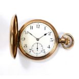 An early 20th century 10ct gold plated full hunter crown wind pocket watch,