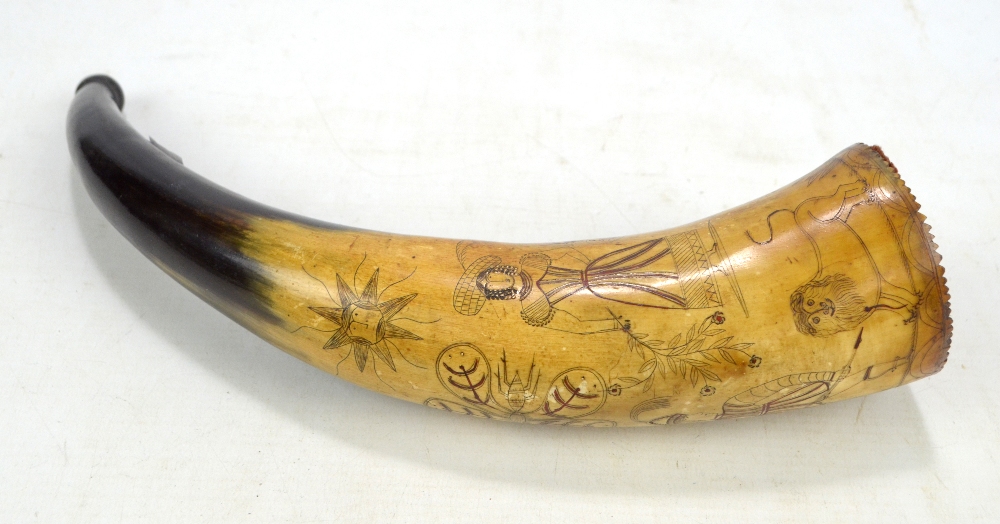 A good late 18th/early 19th century horn powder flask, decorated with figures, a butterfly,