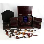 A collection of pipes including meerschaum, clay and wooden examples,