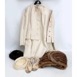 A vintage lace trimmed silk dress and jacket, a fur stole, hat, etc.