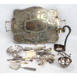 A small group of electroplated items to include a tray, a pin dish and loose flatware.