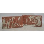 A pair of terracotta plaques stamped 'Salt Museum' and '1889' with further stamps for 'Jabez