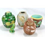 A small group of ceramics comprising Zsolnay lustre glazed boxer, Denby fish motif vase,