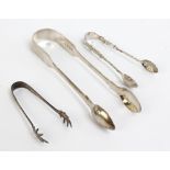 Three pairs of variously hallmarked silver sugar tongs including a Fiddle pattern example,
