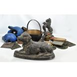 A mixed lot of metalware including large and heavy model of a dog,