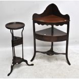 A George III mahogany corner wash stand with drawer and undertier, width 63cm,