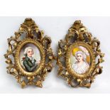 A pair of decorative oval enamel portraits, each contained in a Florentine style frame (2).