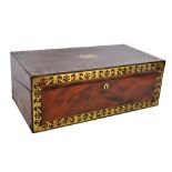 A mahogany writing slope with inlaid brass and campaign style handles,