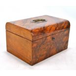 A Victorian walnut work box with silk lined interior (af) with brass handle to the hinged lid,