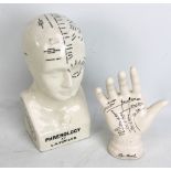 A reproduction phrenology head after LN Fowler, height approx 29cm, and a hand (2).