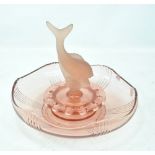 An Art Deco style pink glass bowl with frosted stylised fish centrepiece, interior diameter 28cm.