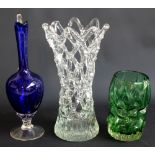 A 20th century blue and clear glass ewer, an unusual open lattice work waisted vase, height 34.