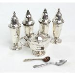 VINER'S LTD; a George VI hallmarked silver five piece cruet set, Sheffield 1949,