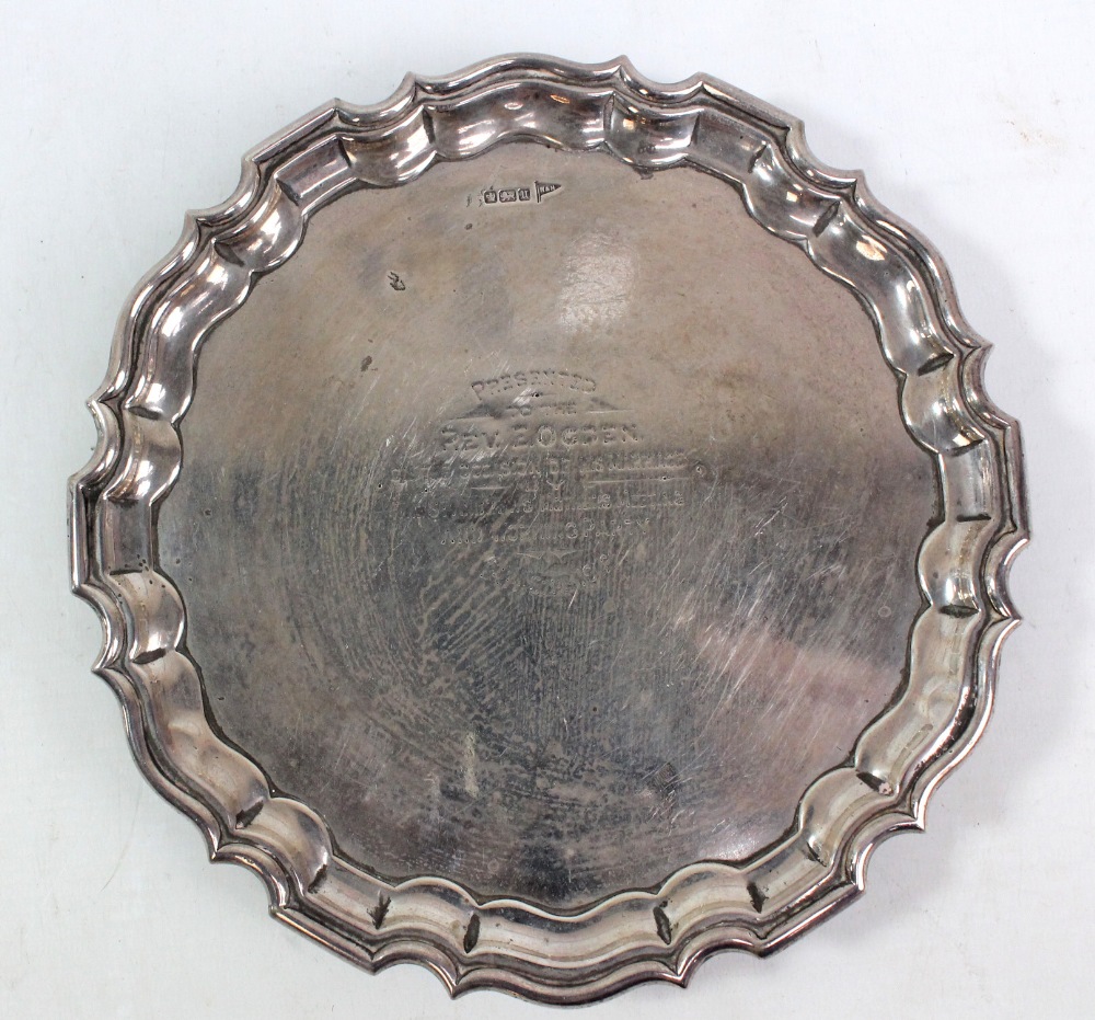 WALKER & HALL; a George V hallmarked silver shaped circular salver, with presentation inscription,