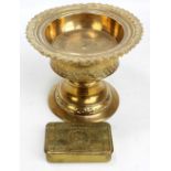 A 1914 Christmas tin and card, also a footed brass bowl, diameter 23cm (2).