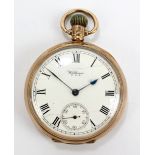 WALTHAM; a 9ct yellow gold open face crown wind pocket watch,