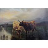 WILLIAM PERRING HOLLYER (1834-1922); oil on canvas, highland cattle watering on a moorlands,