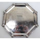 A George VI hallmarked silver octagonal salver with cast Celtic decorated rim, on four stud feet,