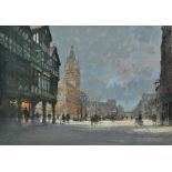 GEORGE THOMPSON (born 1934); pastel, Northgate Street, Chester with Town Hall to background,