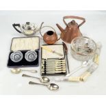 A collection of metalware including a copper jug, silver plated teapot,