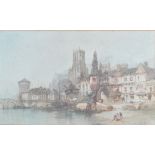 PAUL MARNY (1829-1914); watercolour, Continental harbour scene with figures on a quayside,