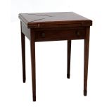 A reduced Edwardian mahogany and crossbanded envelope card table with single frieze drawer above
