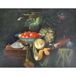 UNATTRIBUTED; a 19th century Continental oil on canvas, still life study of fruit, oyster,