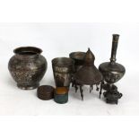 A small group of Eastern metalware to include two beakers, a brass dragon decorated box and vases.