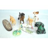 A mixed group of ceramics including a Beswick shire horse and Labrador, Sylvac dog,