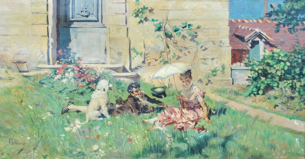 I BOLDINI; oil on canvas, a couple seated before a building with poodle by their side,