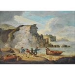 WILLIAM ANDERSON (1757-1837); oil on board, coastal scene with figures hauling in a rowing boat,