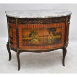 A cocktail cabinet with painted scenes and marble top, width 107cm.