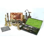 A mixed group of metalware including cased antler handled carving set with hallmarked silver