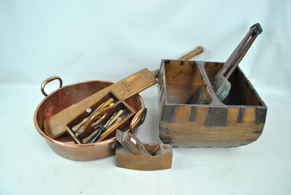 A pair of oak bellows, a 'Victory' cricket bat, stamped 'Kashmir Popular Willow',