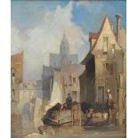 19TH CENTURY DUTCH SCHOOL; oil on canvas, figures in a canal barge with townscape beyond, unsigned,