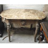 A French marble top console table with carved foliate scroll detail for restoration, width 142cm.