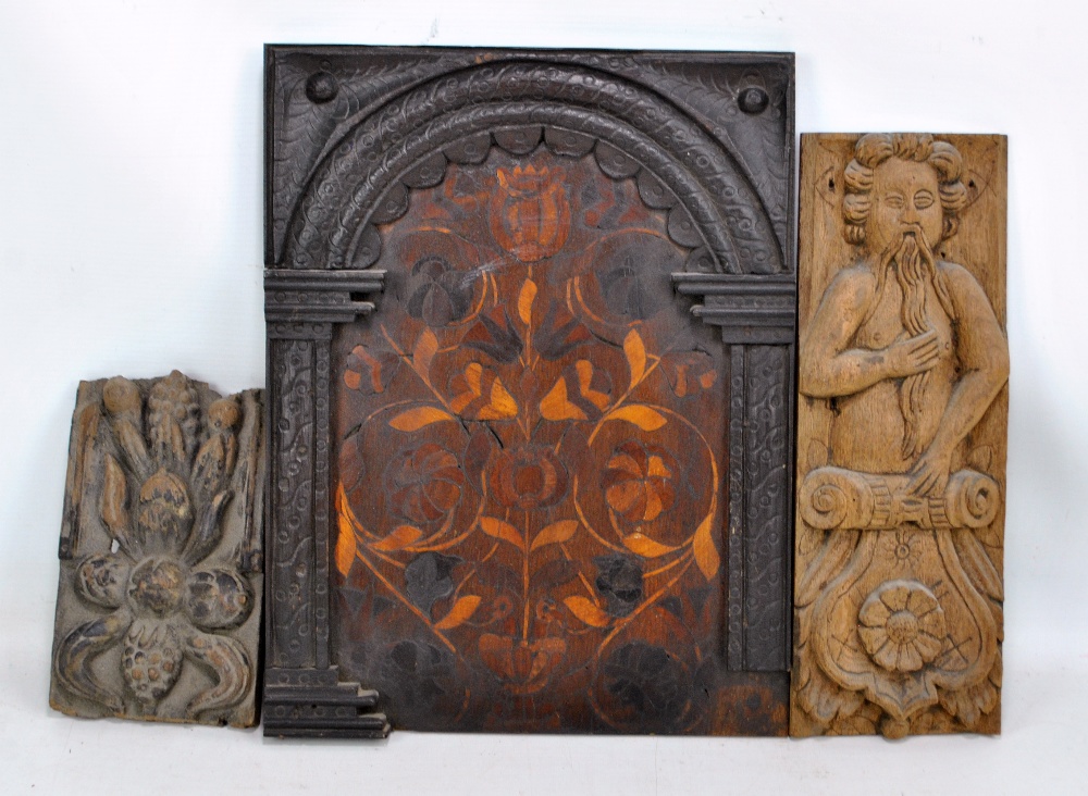 A carved oak and holly inlaid panel from a 17th century Yorkshire oak coffer, 37 x 28.