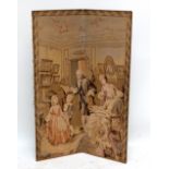 A machine made tapestry single fold two sectioned room screen decorated with figures with an