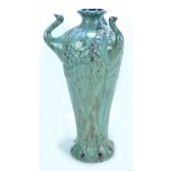 A tapered turquoise glazed vase with flared rim and three handles modelled as peacocks, unmarked,