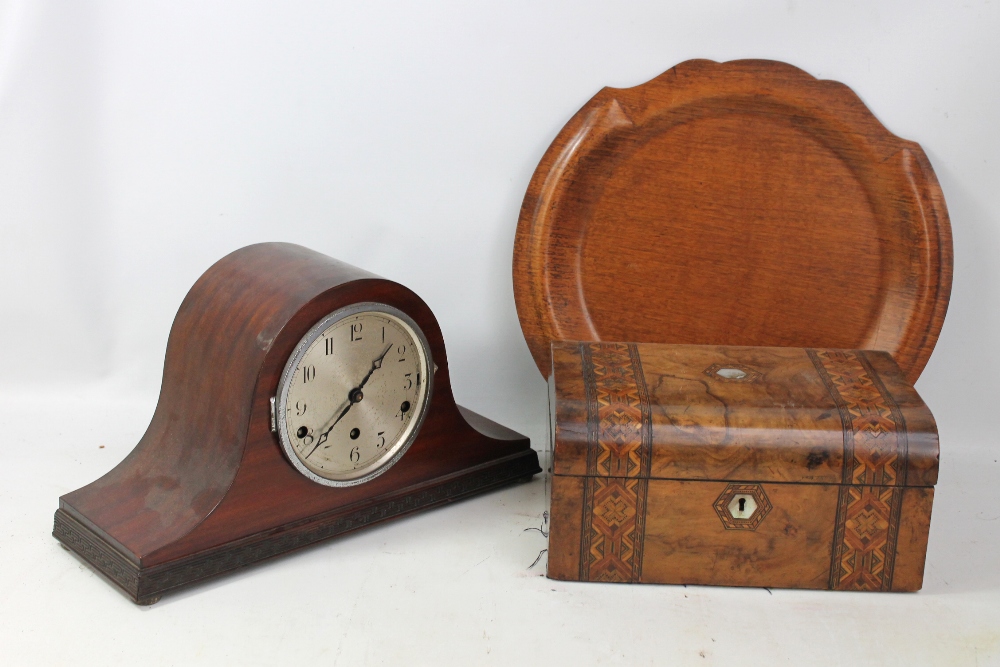 A late Victorian walnut and inlaid sewing box, width 30cm, a pressed oak shaped circular tray,