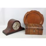 A late Victorian walnut and inlaid sewing box, width 30cm, a pressed oak shaped circular tray,