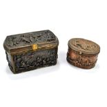 A 19th century embossed copper and brass trinket box of rounded rectangular form,