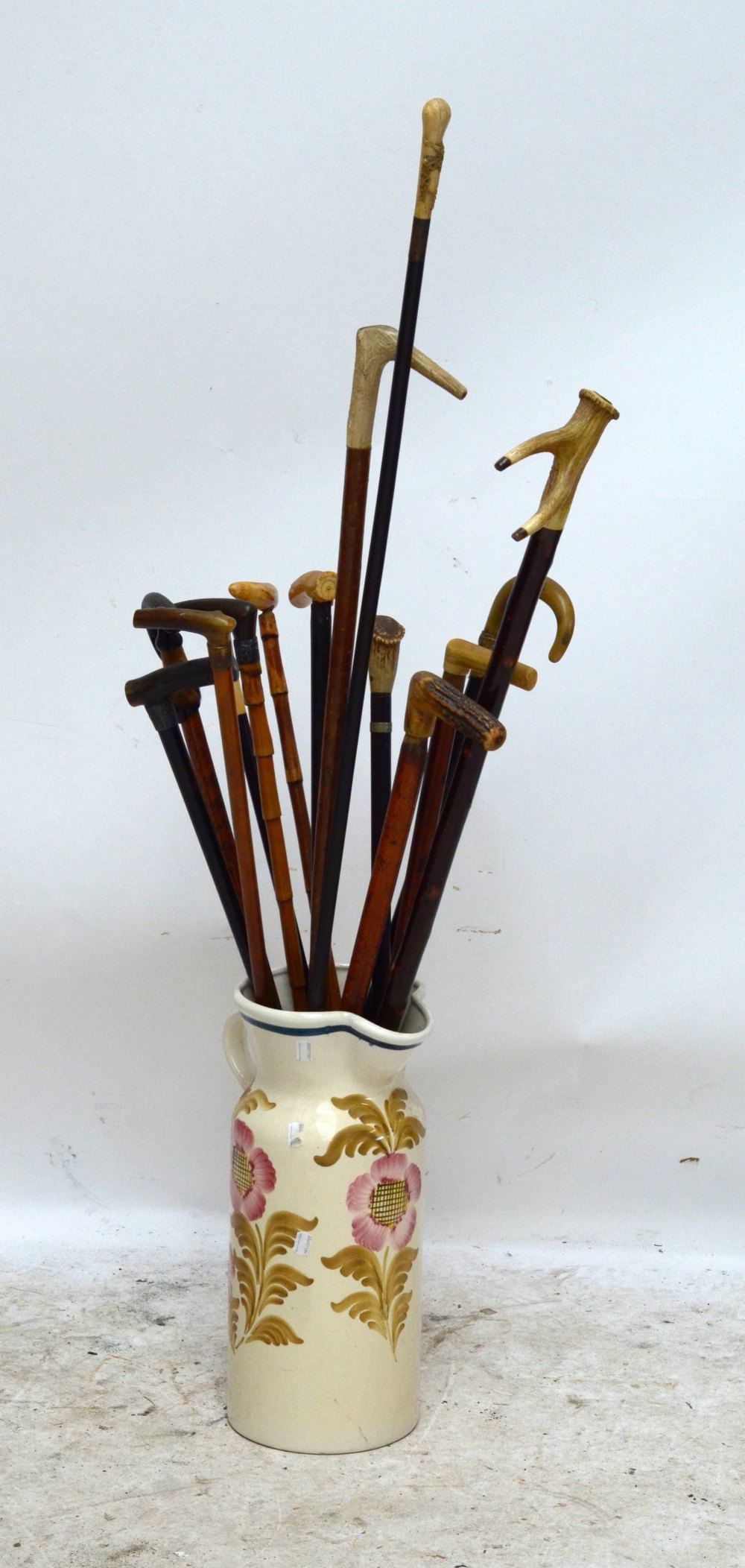 A group of walking sticks/canes with variously ivory, bone, horn and antler handles,