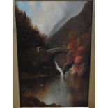 19TH CENTURY ENGLISH SCHOOL; oil on canvas, autumnal mountain lake scene,