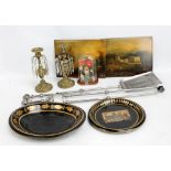 A small group of various items to include a pair of brass table lustres, two tole peinte tin dishes,