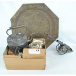 A small mixed lot of metalware to include an electroplated tea set and an Egyptian brass tray,