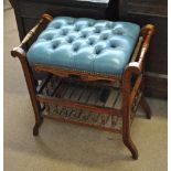 An Edwardian mahogany piano stool, with leather buttoned seat and galleried undertier.