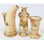 A Royal Worcester blush ivory floral painted ewer with antler handle, green printed marks to base,