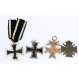 Two German WWI 1914 Iron Crosses, a Hindenburg/Honour Cross stamped to reverse '32 R.V.