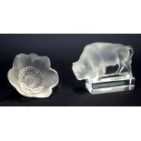 LALIQUE; a clear frosted glass 'Bison' paperweight on rectangular base, length 12.
